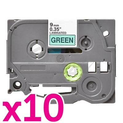 10 x Brother TZe-721 Generic 9mm Black Text on Green Laminated Tape - 8 meters