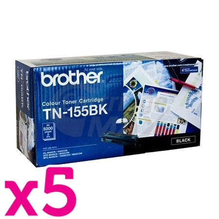 5 x Brother TN-155BK Original Black Toner Cartridge - 5,000 pages (TN155 is High Capacity Version of TN150)