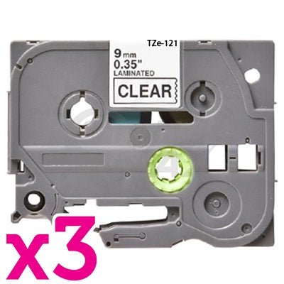 3 x Brother TZe-121 Generic 9mm Black Text on Clear Laminated Tape - 8 meters