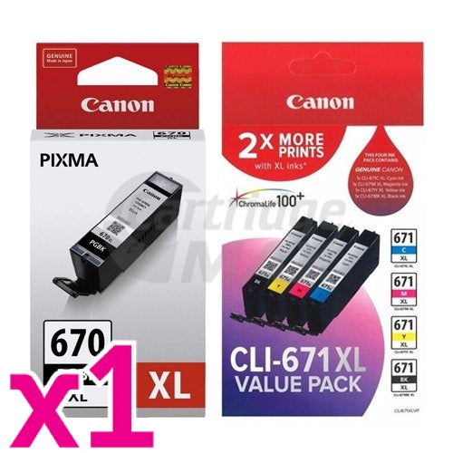 Original Canon PGI-670XLBK + CLI-671XLVP Value Pack High Yield Inkjet Cartridges Combo [1BK,1PBK,1C,1M,1Y]
