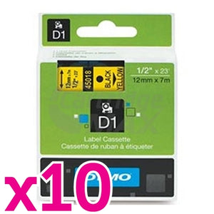 10 x Dymo SD45018 / S0720580 Original 12mm Black Text on Yellow Label Cassette - 7 meters
