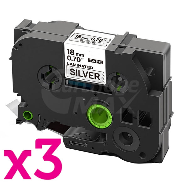 3 x Brother TZe-941 Generic 18mm Black Text on Silver Laminated Tape - 8 meters