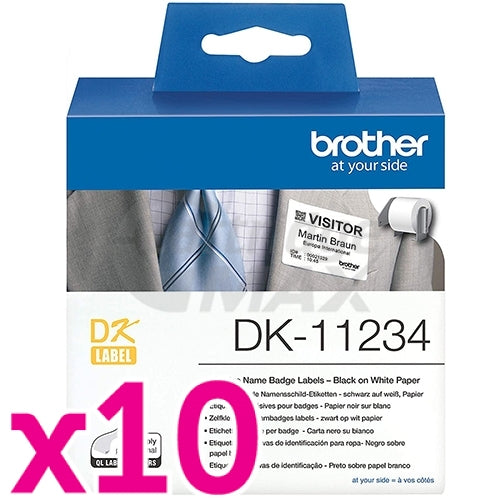 10 x Brother DK-11234 Original Black Text on White 60mm x 86mm Die-Cut Name Badge Paper Label Roll - 260 labels per roll
