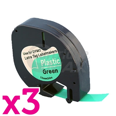 3 x Dymo SD91204 Generic 12mm x 4m Black On Green LetraTag Plastic Tape