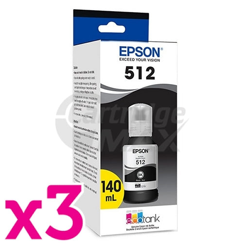 3 x Original Epson T512 EcoTank Black Ink Bottle