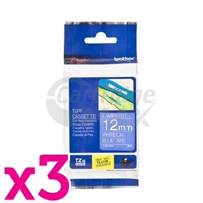 3 x Brother TZe-535 Original 12mm White Text on Blue Laminated Tape - 8 meters