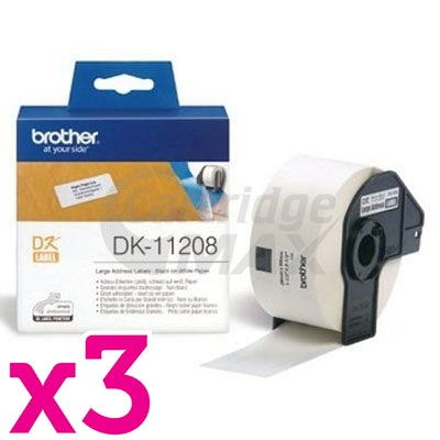 3 x Brother DK-11208 Original Black Text on White Die-Cut Paper Label Roll 38mm x 90mm  - 400 labels per roll