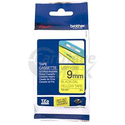 Brother TZe-621 Original 9mm Black Text on Yellow Laminated Tape - 8 meters