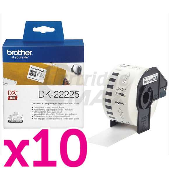 10 x Brother DK-22225 Original Black Text on White Continuous Paper Label Roll 38mm x 30.48m