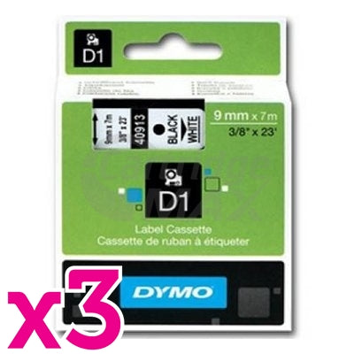 3 x Dymo SD40913 / S0720680 Original 9mm Black Text on White Label Cassette - 7 meters