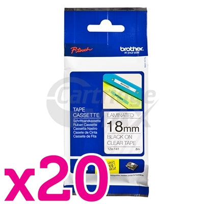 20 x Brother TZe-141 Original 18mm Black Text on Clear Laminated Tape - 8 meters