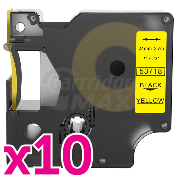 10 x Dymo D1 SD53718 / S0720980 Generic 24mm Black Text on Yellow Label Cassette - 7 meters
