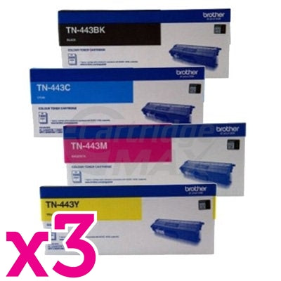 3 Sets of 4-Pack Brother TN-443 Original Toner Combo [3BK,3C,3M,3Y]