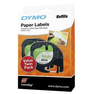 Dymo SD92630 / 10697 Original 12mm x 4m Black On White LetraTag Paper Tape Twin Pack