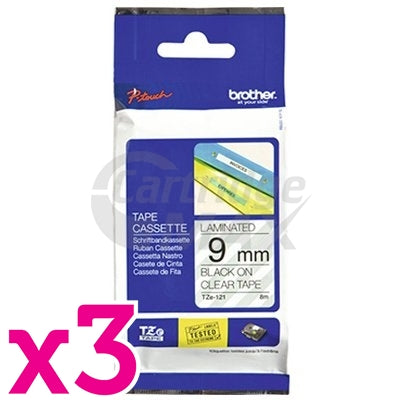 3 x Brother TZe-121 Original 9mm Black Text on Clear Laminated Tape - 8 meters