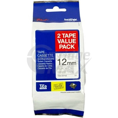Brother TZe-231V2 Original 12mm Black Text on White Laminated (2 Tape Value Pack) - 8 meters
