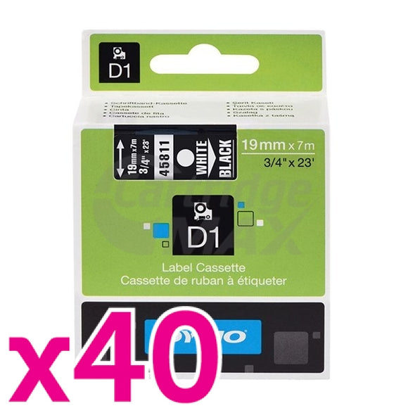 40 x Dymo SD45811 / S0720910 Original 19mm White Text on Black Label Cassette - 7 meters