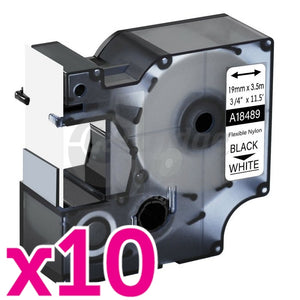 10 x Dymo SD18489 Generic 19mm Black Text on White Flexible Nylon Industrial Rhino Label Cassette - 3.5 meters