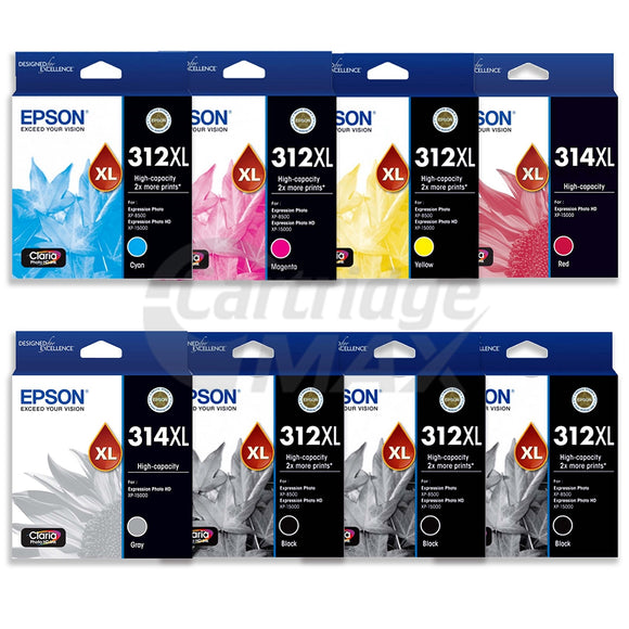 8 Pack Epson 312XL 314XL Original High Yield Inkjet Cartridge Combo [3BK,1C,1M,1Y,1GY,1R]