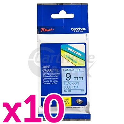 10 x Brother TZe-521 Original 9mm Black Text on Blue Laminated Tape - 8 meters