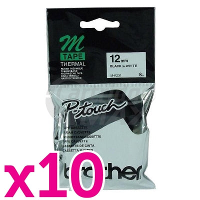 10 x Brother M-K231 Original 12mm Black Text on White Tape - 8 meters