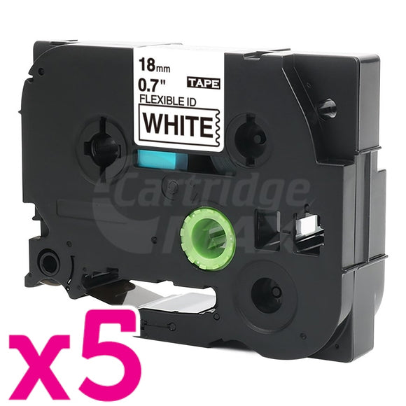 5 x Brother TZe-FX241 Generic 18mm Black Text on White Flexible ID Laminated Tape - 8 metres