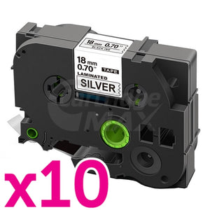 10 x Brother TZe-941 Generic 18mm Black Text on Silver Laminated Tape - 8 meters