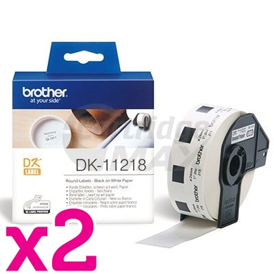 2 x Brother DK-11218 Original Black Text on White 24mm Diameter Die-Cut Paper Label Roll - 1000 labels per roll