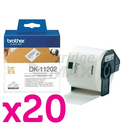 20 x Brother DK-11202 Original Black Text on White Die-Cut Paper Label Roll 62mm x 100mm - 300 labels per roll
