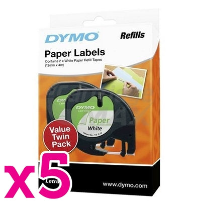 5 x Dymo SD92630 / 10697 Original 12mm x 4m Black On White LetraTag Paper Tape Twin Pack