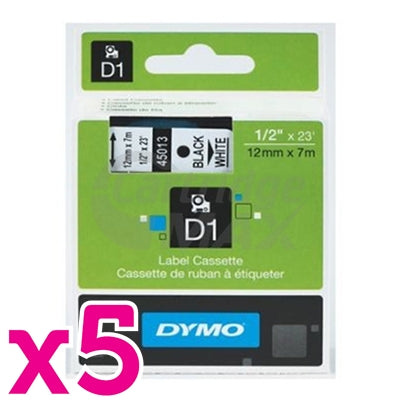5 x Dymo SD45013 / S0720530 Original 12mm Black Text on White Label Cassette - 7 meters