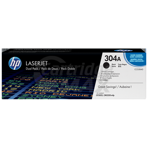 HP CC530A (304A) Original [Twin Pack] Black Toner Cartridge [2BK] - 3,500 Pages each