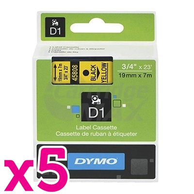 5 x Dymo SD45808 / S0720880 Original 19mm Black Text on Yellow Label Cassette - 7 meters