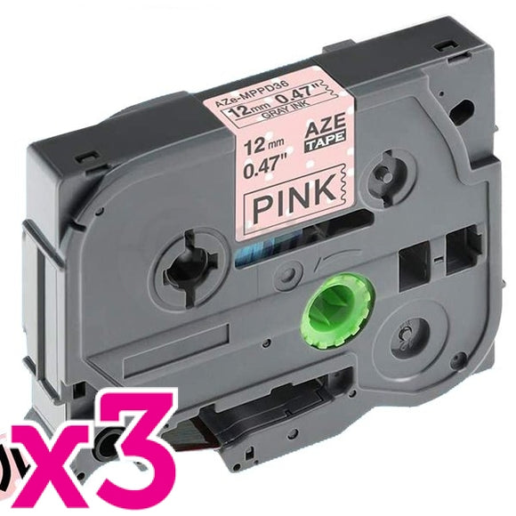 3 x Brother TZe-MPPD36 Generic 12mm Grey on Pink Polka Dot Laminated Tape - 4 metres