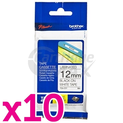 10 x Brother TZe-231 Original 12mm Black Text on White Laminated Tape - 8 meters