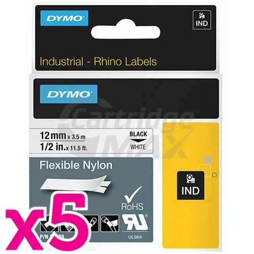 5 x Dymo SD18488 Original 12mm Black Text on White Flexible Nylon Industrial Rhino Label Cassette - 3.5 meters