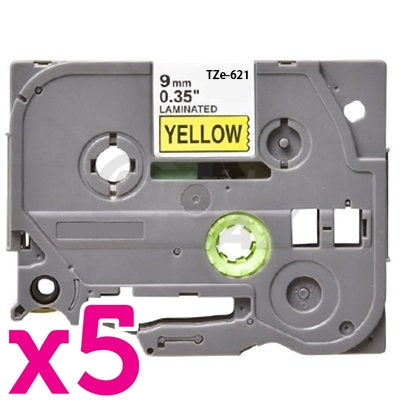 5 x Brother TZe-621 Generic 9mm Black Text on Yellow Laminated Tape - 8 meters