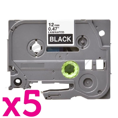 5 x Brother TZe-335 Generic 12mm White Text on Black Laminated Tape - 8 meters