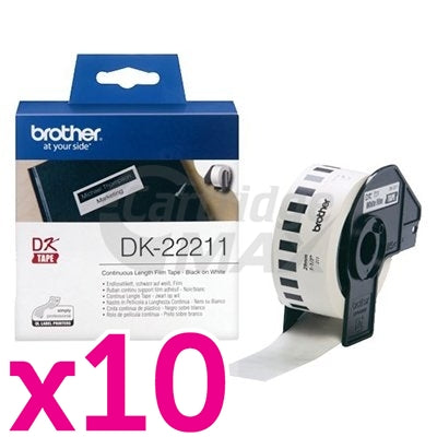 10 x Brother DK-22211 Original Black Text on White Continuous Film Label Roll 29mm x 15.24m