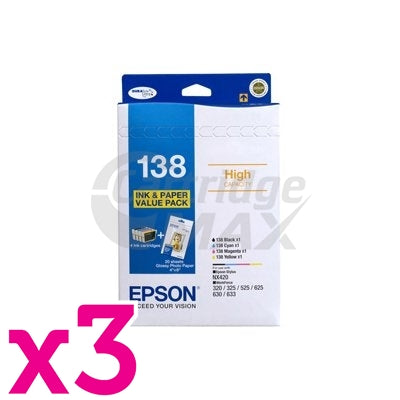 3 x Value Pack - Original Epson 138 T1381-T1384 Inkjet Cartridges [C13T138695] [3BK,3C,3M,3Y]