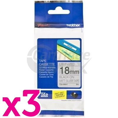 3 x Brother TZe-M941 Original 18mm Black Text on Matt Silver Laminated Tape - 8 metres