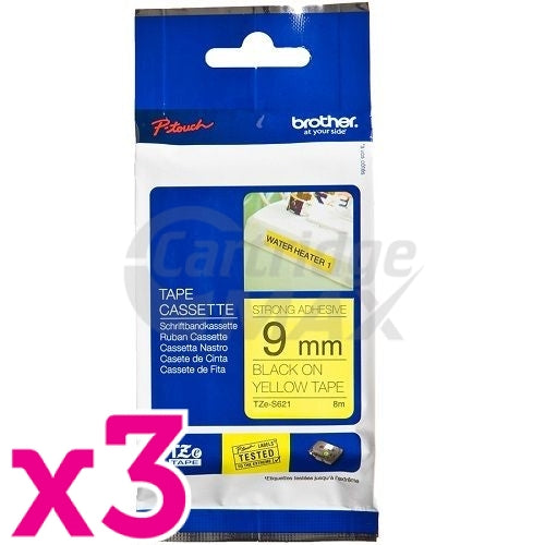 3 x Brother TZe-S621 Original 9mm Black Text on Yellow Strong Adhesive Laminated Tape - 8 metres