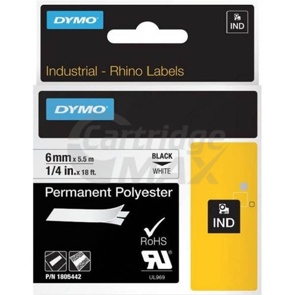 Dymo 1805442 Original 6mm Black Text on White Permanent Polyester Industrial Rhino Label Cassette - 5.5 meters