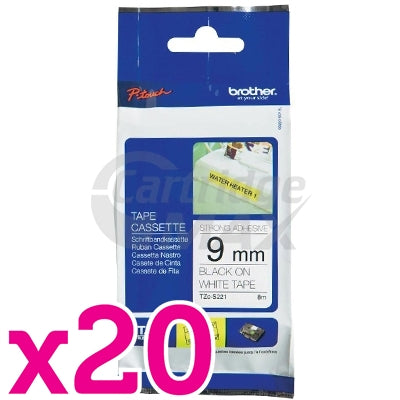 20 x Brother TZe-S221 Original 9mm Black Text on White Strong Adhesive Laminated Tape - 8 metres
