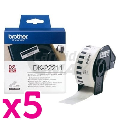 5 x Brother DK-22211 Original Black Text on White Continuous Film Label Roll 29mm x 15.24m