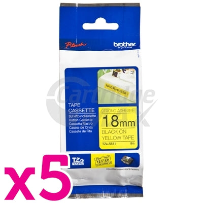 5 x Brother TZe-S641 Original 18mm Black Text on Yellow Strong Adhesive Laminated Tape - 8 metres