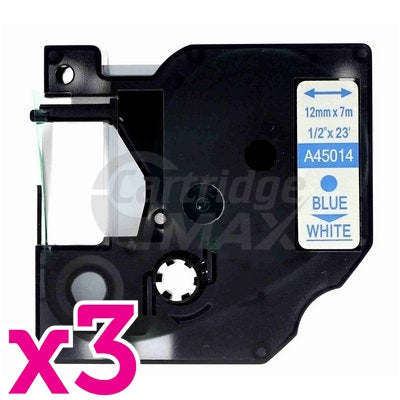 3 x Dymo SD45014 / S0720540 Generic 12mm Blue Text on White Label Cassette - 7 meters