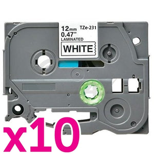10 x Brother TZe-231 Generic 12mm Black Text on White Laminated Tape - 8 meters