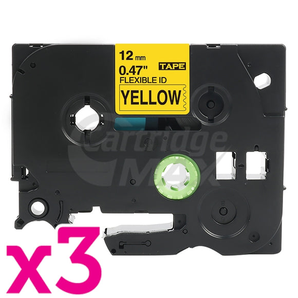 3 x Brother TZe-FX631 Generic 12mm Black Text on Yellow Flexible ID Laminated Tape - 8 metres