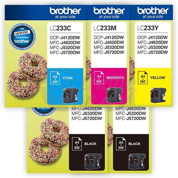 5 Pack Original Brother LC-233 Ink Combo [2BK+C+M+Y]